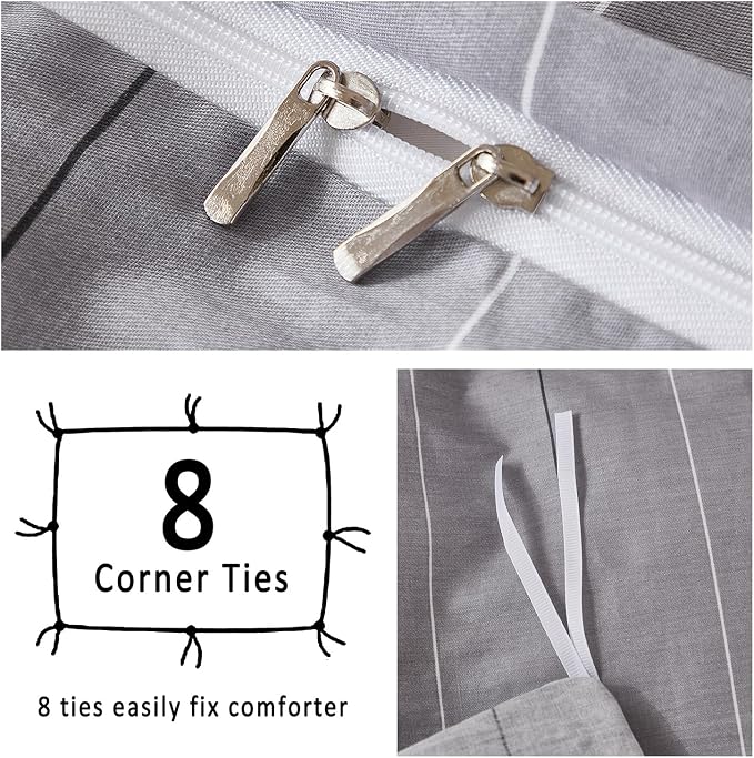 Merryword 100% Cotton Stripe Duvet Cover Set King Size - Gray Striped Duvet Cover Set with Zipper Closure & 8 Corner Ties, Modern Minimalist Wide Stripe Bedding Set for Cozy Elegant Bedroom