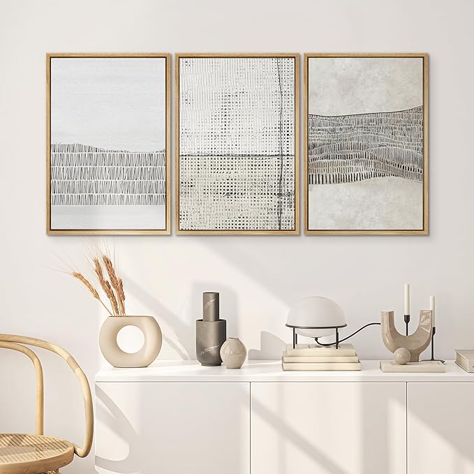 SIGNWIN Framed Canvas Print Wall Art Set Grunge Black Tan Line Art Landscape Abstract Shapes Cozy Neutral Decorative Contemporary Minimal for Living Room, Bedroom, Office - 16"x24"x3 Natural