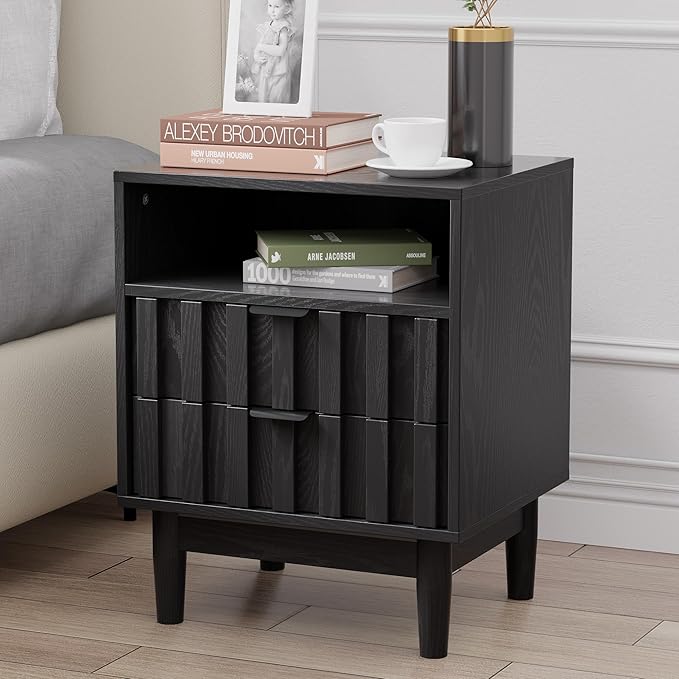 Fluted Nightstand, 19" Wide Night Stand with Solid Wood Legs, Open Storage Shelf, Mid Century Modern Wooden Bedside Table for Bedroom, Bed End Side Table, Black