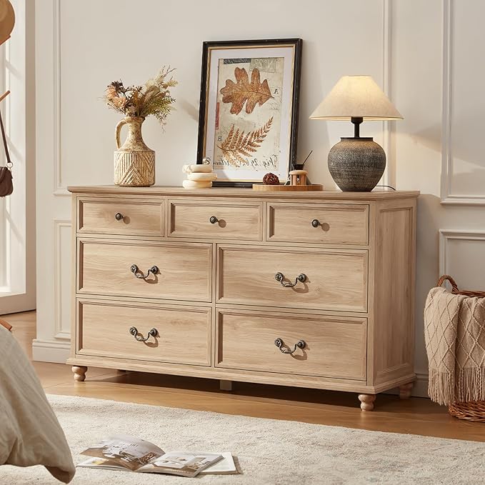Farmhouse 54" 7 Drawers Dresser for Bedroom, Wide Wood Chest of Drawers w/ 4 Wooden Legs, Vintage Rustic Large Closet Storage Dressers Organizer for Hallway, TV Stand for Living Room, Natural