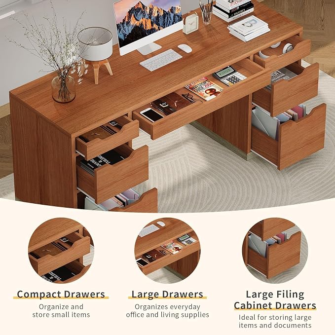 MaverickFurni 54 Inch Executive Desk with Drawers, Computer Desk with 7 Drawers for Bedroom, Office Desk with File Cabinet for Work Study Writing, Small Spaces, Brown
