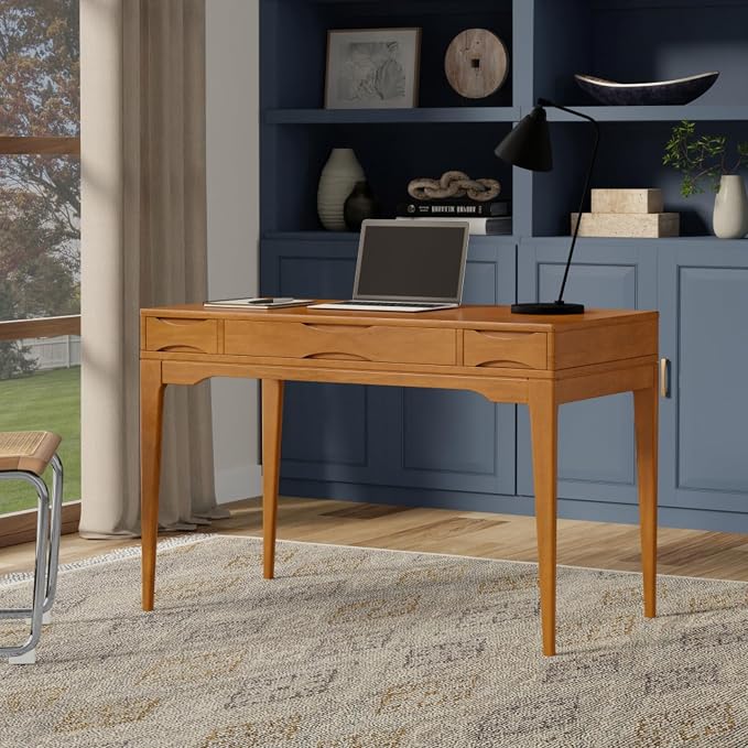 Timeless Style Home Office Desk Computer PC Laptop Desk with Storage Drawers for Bedroom, Mid-century Study Writing Table Workstation with Two Side Drawers and Keyboard Tray for Reading, Gold Color