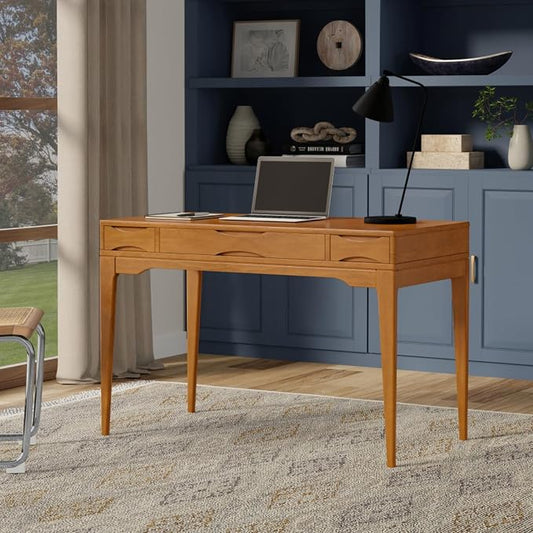 Timeless Style Home Office Desk Computer PC Laptop Desk with Storage Drawers for Bedroom, Mid-century Study Writing Table Workstation with Two Side Drawers and Keyboard Tray for Reading, Gold Color