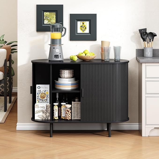 Buffet Cabinet with Storage, Fluted Sideboard Buffet with Sliding Door, Coffee Bar Cabinet with Adjustable Shelf, Console Table, Accent Table for Entryway, Kitchen (Black, 40 Inch)
