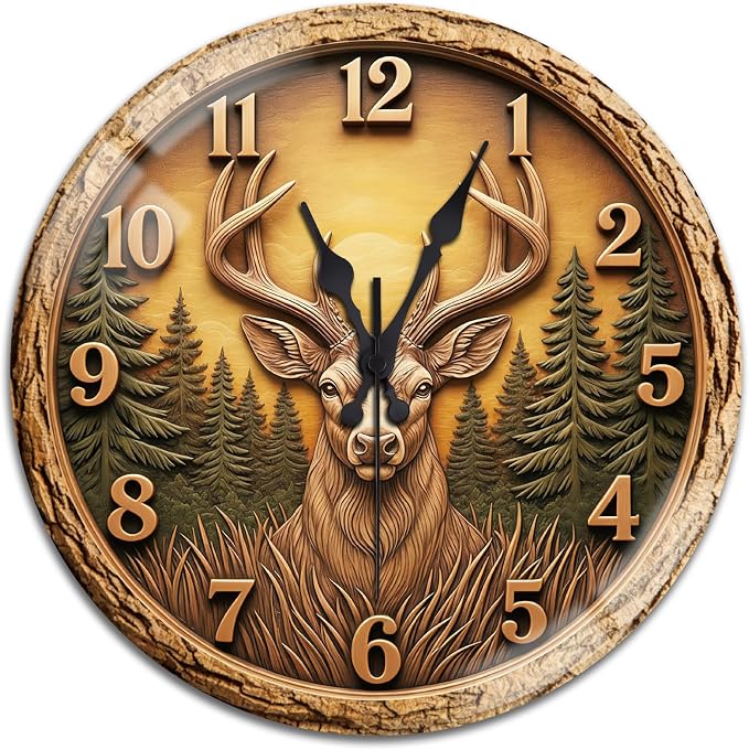 peacoblue Wall Clocks Battery Operated 12 Inch 3D Wooden Deer Glass Round Wall Clock Non Ticking for Kitchen Living Room Dining Room Bedroom and Bathroom Decor Accessories (Battery not Included)