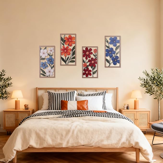 SHENGTIAN 4 Piece Boho Flower Wall Art - Geometric Wood Wall Art, Aesthetic Room Decor, Flower Market Art, Narrow Vertical Abstract Floral Art, Over Bed Wall Decor for Living Room Bedroom Office