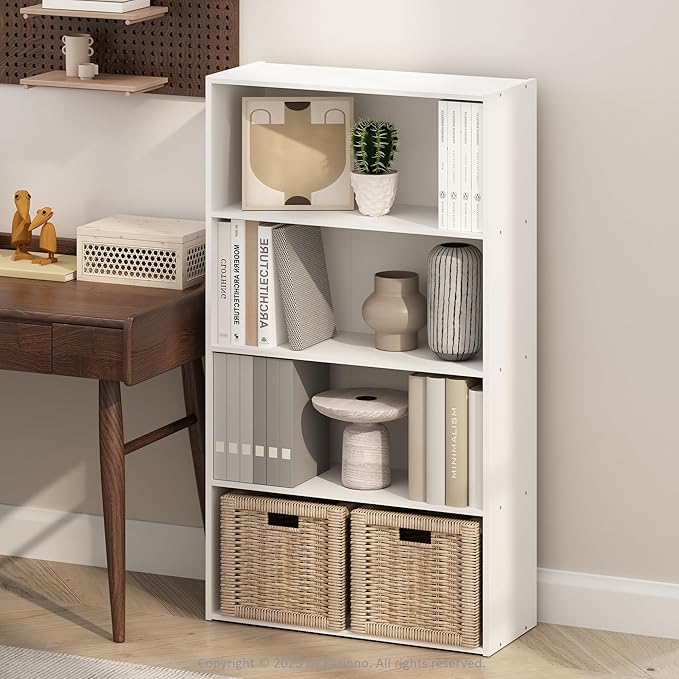 Furinno Simple Book Shelf, 4-Tier Bookshelf, Bookcase with Open Shelf, 9.4 x 23.6 x 41.7, for Living Room, Bedroom, Home Office, White