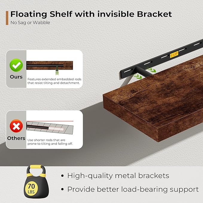 Fun Memories 55 Inch Floating Shelves for Wall, Fireplace Mantel Shelf with Invisible Heavy Duty Bracket, 8 Inch Deep Storage Shelf for Living Room, Kitchen, Farmhouse, Brown