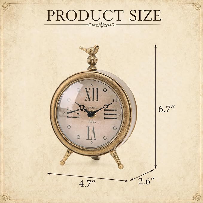 NIKKY HOME Vintage Table Clock with Bird, Decorative Desk Metal Table Clocks Rustic Mantel Clock Non-Ticking, Metal Frame with Antique Gold Finish