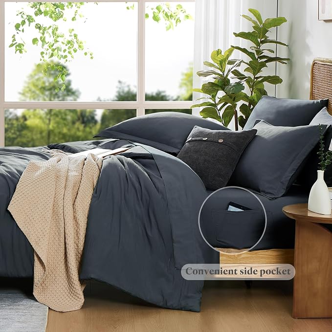 WRENSONGE King Size Comforter Set- 7 Pieces Blue Grey Bed in a Bag King with Fitted Sheet, Flat Sheet, 2 Pillow Shams, and 2 Pillowcases-Warm King Bedding Set for All Season