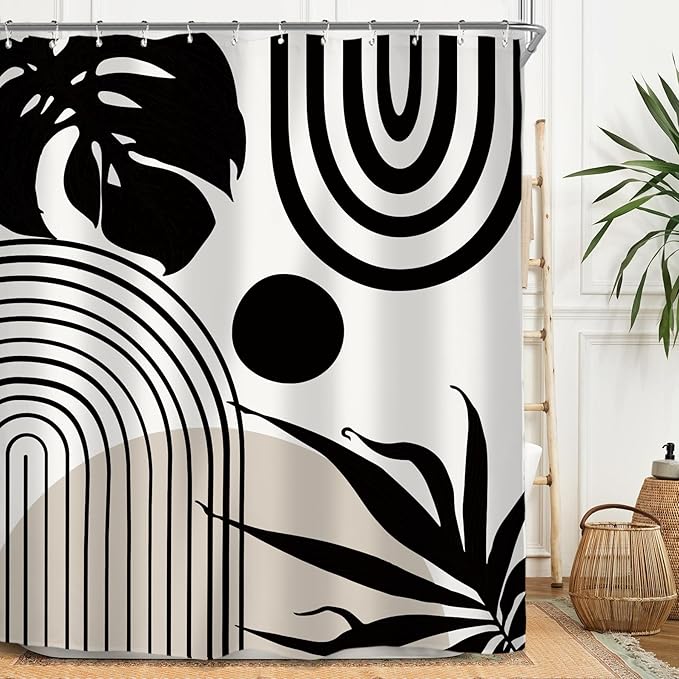 Miyotaa Minimalist Abstract Mid Century Shower Curtain Set 60Wx71H Inches Neutral Modern Geometric Aesthetic Contemporary Plant Polyester Waterproof Cloth Bathroom Curtain with 12 Hooks