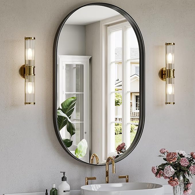 Brightify Black Oval Mirror for Bathroom 24x40 Inch, Matte Black Vanity Mirrors for Wall Metal Frame, Modern Wall Mirror for Bedroom Living Room Wall Decorative Hang Vertical and Horizontal