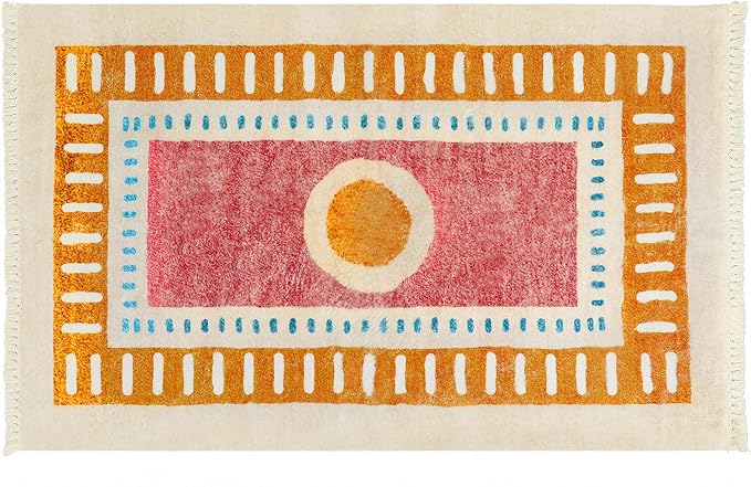 Lukinbox Boho Kids Area Rugs for Living Room, 3x5 Sun Machine Washable Bedroom Rug, Super Soft Non-Slip Orange Circular Rainbow Throw Rug for Entryway Playroom Nursery Room Dinning Room