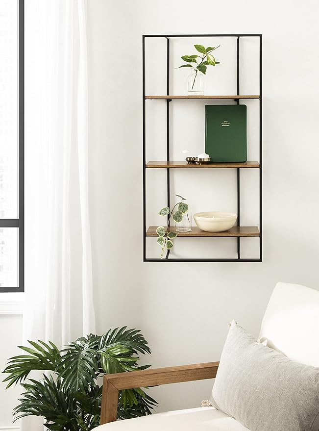 Kate and Laurel Kercheval Modern 3 Tier Wall Shelf; 15 x 32; Rustic Brown and Black; Farmhouse Bookshelf Wall Decor with Multiple Tiers for Storage and Display