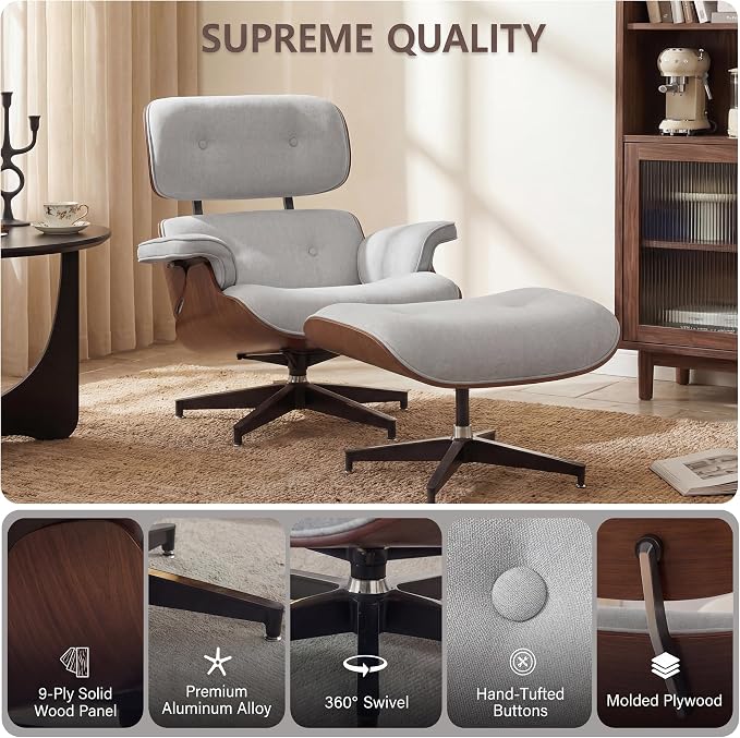 Chaise Lounge Chair with Ottoman, Top Black Grain Leather Recliner Chair, Modern Classic Office Chair with Ergonomic Lumbar Support, Heavy Duty Base Support for Bedroom Living Room Office (Grey)