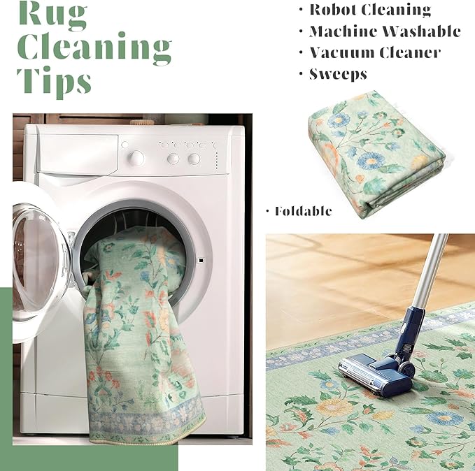 MUJOO 5x7 Area Rugs Washable,Green Floral Rugs for Living Room Bedroom Dining Room Playroom,Boho Indoor Floor Rug Large Non Slip Throw Carpet Low Pile Vintage