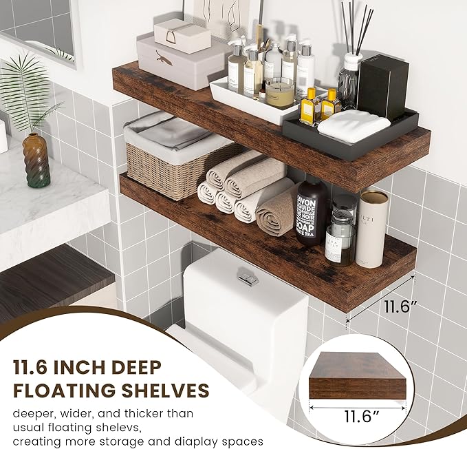 Deep Floating Shelves | 36 Inch Brown Floating Shelves Set of 2 | 12 Inch Deep Rustic Wood Shelves for Wall | 36" W x 12" D Brown Shelves for Living Room Bathroom Laundry Room Kitchen