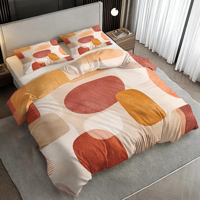 Boho Duvet Cover King Size, Mid Century Bedding Set 3 pcs with 2 Pillow Covers, Modern Abstract Bedroom Decor, Soft Microfiber Reversible, Zipper & Ties KJJT 109