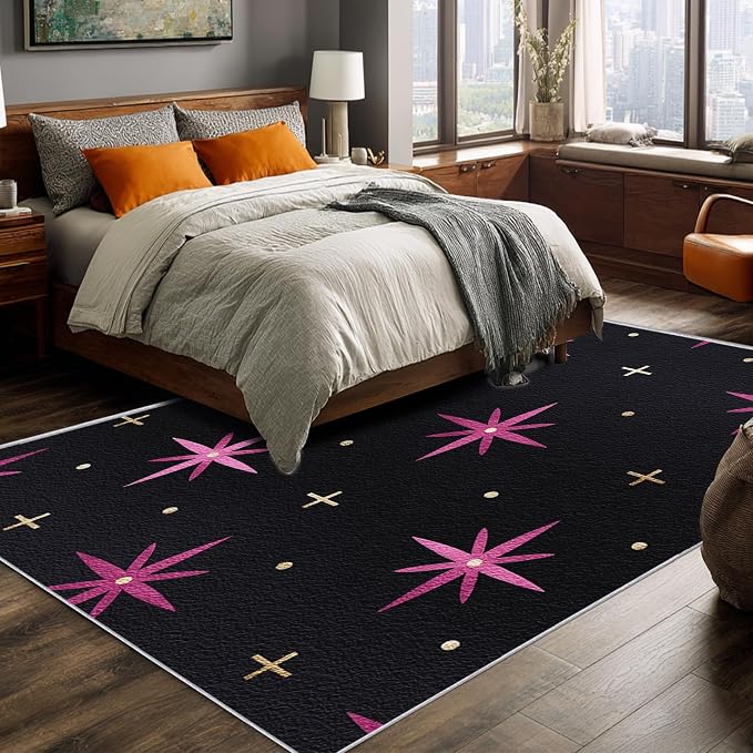 Atomic Rugs 5x8, Mid Century Modern Retro Washable 5 x 8 Area Rug for Living Room, Bedroom, Low Pile Non Slip Stain Resistant Carpet, Atomic Starburst Home Decor Accessories & M855