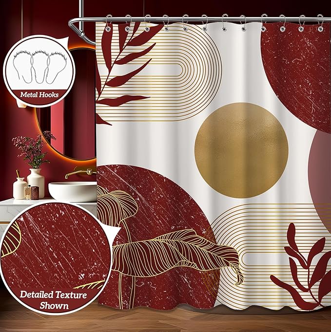 Red and Gold Shower Curtain Burgundy Dark Red and White Shower Curtains for Bathroom Decor Abstract MCM Bath Curtain Set, Waterproof Fabric with Hooks 60 x 72 Inch