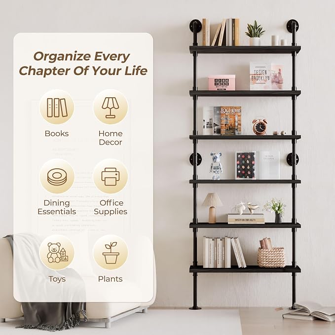 6 Tier Industrial Ladder Shelf Bookcase, Wall Mounted Rustic Bookshelf for Living Room Decor and Storage (Black, 6 Tier - 10" D x 36" W x 82.5" H)