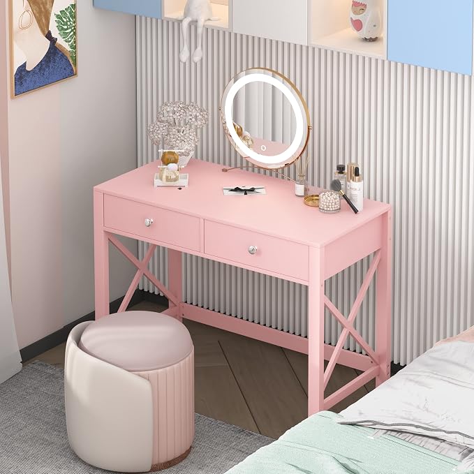 WiberWi Home Office Desk with Drawers, Modern Writing Computer Desk for Bedroom, Small Makeup Vanity Table Study Table for Home Office,Pink