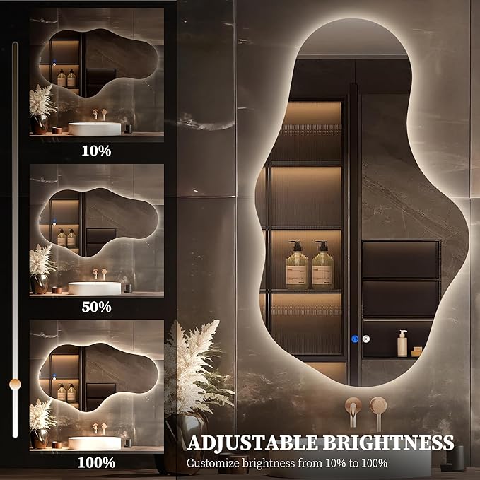 Irregular LED Bathroom Mirror with Lights, Backlit Vanity Mirror for Wall, Asymmetrical Wall Mirror, 3 Color Dimmable Anti-Fog Smart, Decorative Mirror for Bathroom, Entryway(24″ x 40″, 2 Pack)