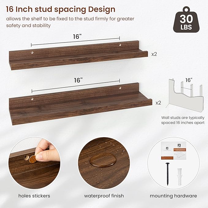 Axeman Picture Ledge Shelf | 24 Inch Walnut Floating Shelves Set of 4 | Rustic Wood Wall Shelves with Lip | 24" Walnut Picture Shelves for Wall with Ledge | Photo Shelves