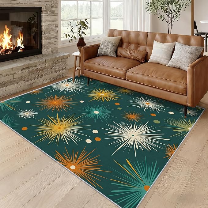 Abstract Atomic Rugs for Living Room Decor, 3x5 ft, MCM Geometric Starburst Area Rugs for Bedroom, Soft Non Slip Washable Mid Century Modern Carpet Home Decorations D-g48