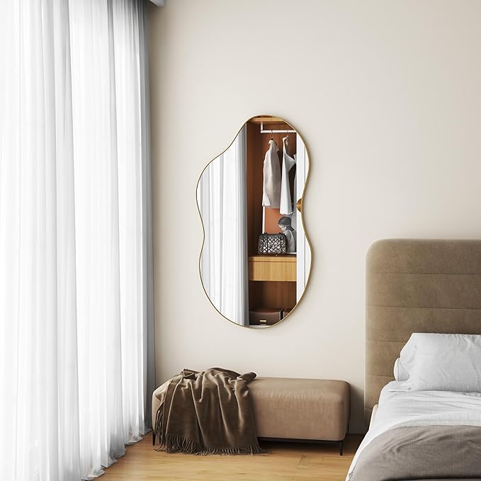 SHYFOY Large Irregular Wall Mirror Decorative, 22"x43" Antique-Gold Mirror for Wall Decor Wavy Accent Mirrors Asymmetrical for Living Room Bathroom Bedroom Entryway