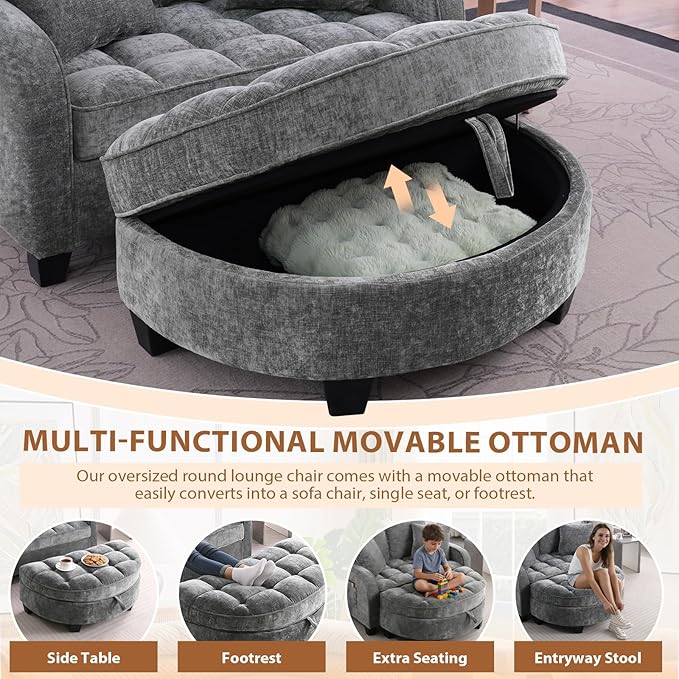 Oversized Curved Chaise Lounge Chair Indoor with Ottoman, 54.8" Cloud Boneless Reading Chair Soft Chenille Circle Couch w/Adjustable Backrest for Living Room, Apartroom, Bedroom, Grey