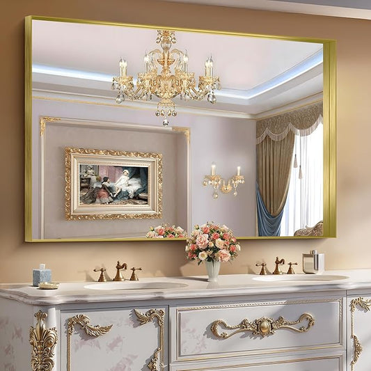 CIRCUMI Gold Bathroom Mirror, 36"x55" Rectangular Mirror with Deep Metal Frame, Brushed Finish, Tempered Glass, Large Mirror for Wall, Over 2 Sinks, Installed Vertically/Horizontally, Crystal-Clear