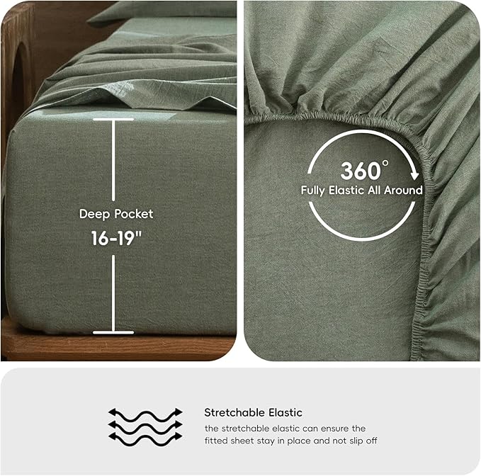 MooMee Bedding Sheet Set 100% Washed Cotton Linen Like Textured Breathable Durable Soft Comfy (Heathered Green, Full)