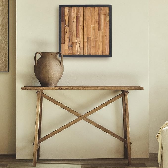 Warmaxx Rustic Teak Wood Framed Wall Décor Aesthetic 17" x 17" Farmhouse Wall Art Christmas Decoration Home Office Dorm Neutral Square Handmade Geometric Wooden Wall Décor Living Room Bedroom Hallway