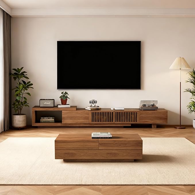 Mid-Century Modern Farmhouse 47.2-81.8" Expandable Coffee Table，Adjustable Center Table with Large Storage for Living Room, Walnut