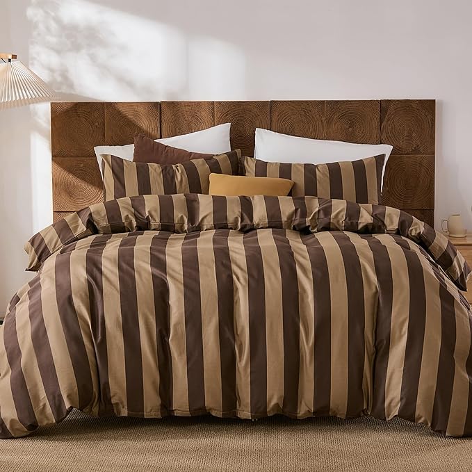Merryword Brown Striped Duvet Cover Set King Size, 100% Natural Cotton Linen Like Duvet Cover Set with Zipper Closure & 8 Corner Ties, Brown Khaki Soft Reversible Bedding for All Seasons