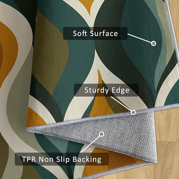 Mid Century Rug 6x9 Washable, 60s 70s Retro Wave Modern Abstract Area Rugs for Living Room 6 x 9, Non Slip Indoor Floor Carpet, Mid Century Bedroom Home Decor 5683T