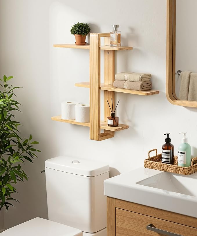 SUMGAR Floating Shelves for Wall Wood Mounted Shelving Unit All Pine Natural Wooden 3 Tier Large Shelf for Bedroom Living Room Office Bathroom Home Decoration Storage Plant Photo Display Modern 20in