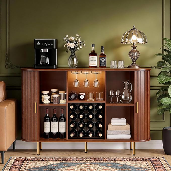 DHH 55" Wine Bar Cabinet with Storage, Fluted Liquor & Coffee Bar Cabinet with Wine Rack and Glass Holder, Buffet Sideboard with LED Lights for Home Kitchen Living Dining Room(Walnut)