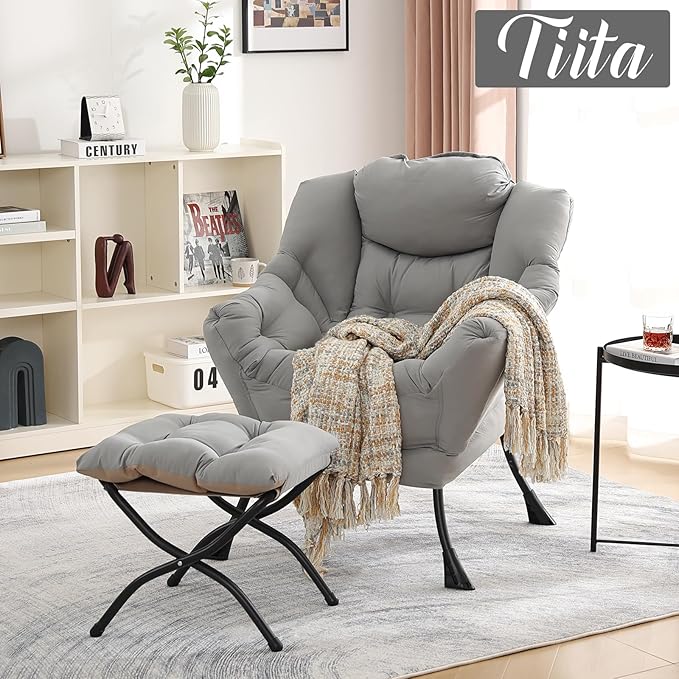 Tiita Lazy Chair with Ottoman, Light Grey Modern Large Accent Chair, Comfy Leisure Sofa Armchair with Ottoman, Reading Chair with Footrest for Bedroom, Living Room, Dorm Rooms, Peach Light Grey