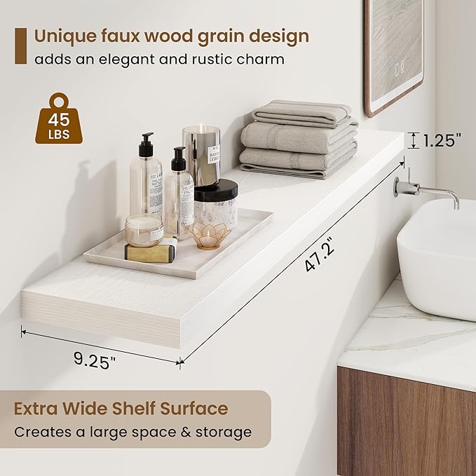 48in Floating Shelves for Wall, 48"W x 9.25"D x 1.25"H, 2 Pack Long Wall Mounted Engineered Wood Shelves with Invisible Brackets for Living Room, Bedroom, Bathroom, Kitchen Decor and Storage, White