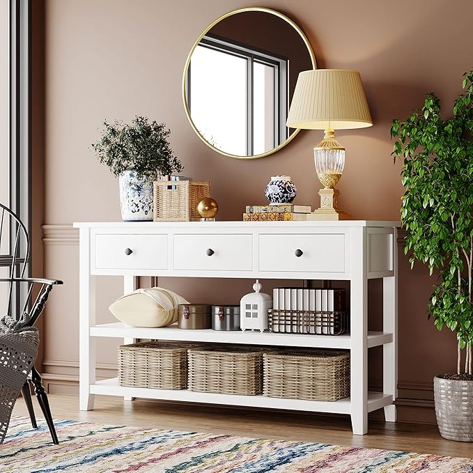 LUMISOL Long Console Table with 3 Storage Drawers, Solid Wood Sofa Table with Storage & Open Shelves, Retro Entryway Tables for Hallway Living Room, 50''L x 16''W x 30.2''H (Antique White)
