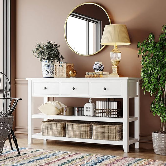 LUMISOL Long Console Table with 3 Storage Drawers, Solid Wood Sofa Table with Storage & Open Shelves, Retro Entryway Tables for Hallway Living Room, 50''L x 16''W x 30.2''H (Antique White)