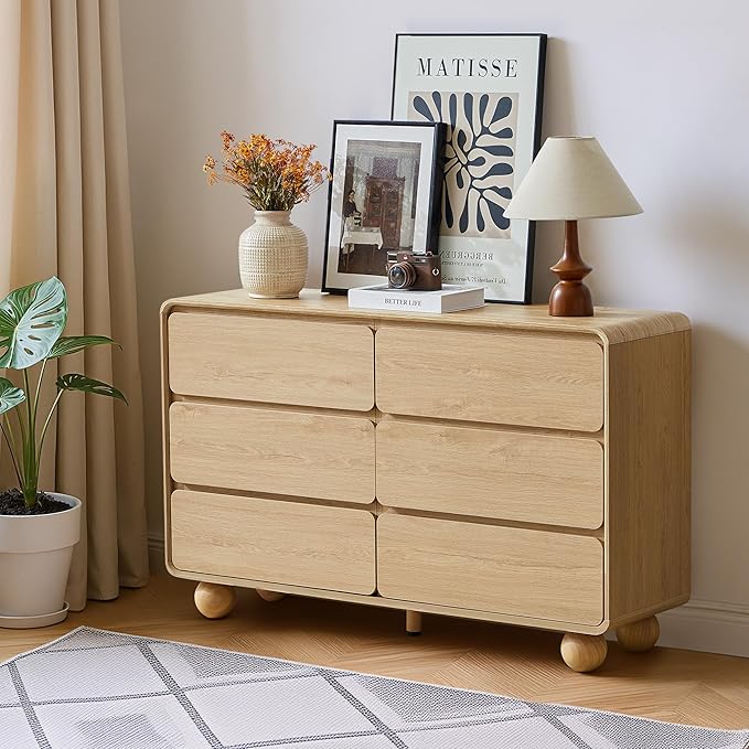 AVZEAR Modern 6 Drawer Dresser for Bedroom, 48" Wide Wooden Dresser Chest of Drawers, Curved Profile Design, Closet Clothes Storage Organizer for Kids Bedroom, Living Room, Nursery, Natural Color