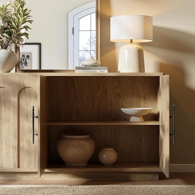 Evermagin 67" Arched Oak Buffet Cabinet with Storage, Large Credenza with 4 Doors, Wood Mid Century Modern Sideboard for Kitchen and Living Room (67"*31.5"*15.7")