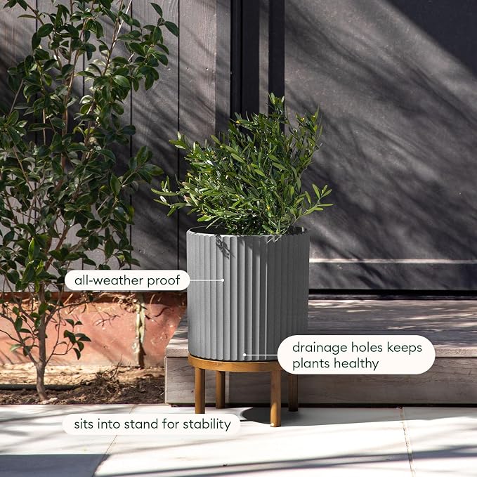 Veradek Demi Series Round Planter w/Stand for Porch/Patio | Durable Plastic-Stone Composite & Wooden Stand | Modern Décor for Tall Plants, Flowers