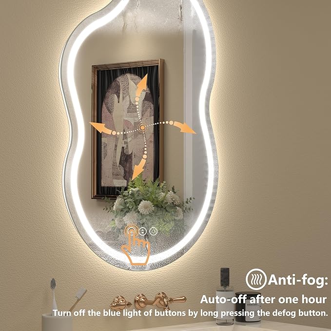 Irregular Led Bathroom Mirror with Lights 20x32 Inch, Asymmetrical Cloud Lighted Vanity Mirror for Wall, Anti-Fog, Dimmable, Memory, 3 Colors, Shatterproof (Horizontal/Vertical)