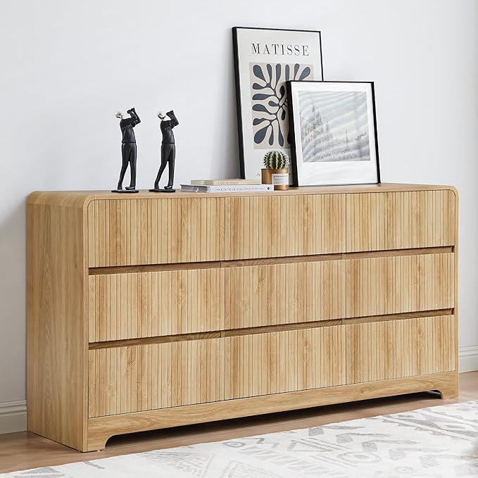 MERRYBERRY Fluted Dresser for Bedroom with 9 Drawers,63" Wide Modern Chest of Drawers with Curved Profile & Deep Drawer,Large Wood TV Dresser for Bedroom Living Room