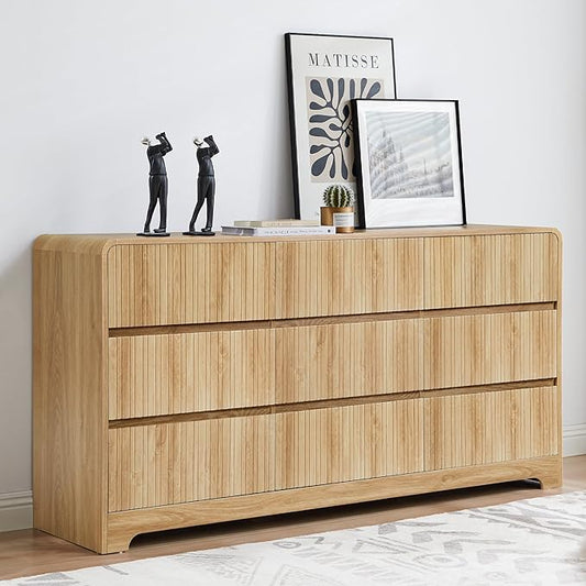 MERRYBERRY Fluted Dresser for Bedroom with 9 Drawers,63" Wide Modern Chest of Drawers with Curved Profile & Deep Drawer,Large Wood TV Dresser for Bedroom Living Room