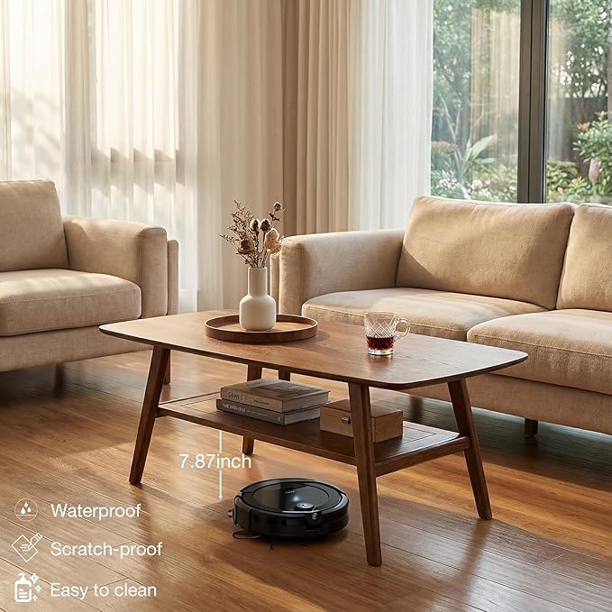 Mid Century Modern Coffee Table: 100% Solid Wood Coffee Table - 2-Tier Storage Design - Practical Coffee Tables for Living Room, Apartment, Easy Assembly (Walnut, 39.37")